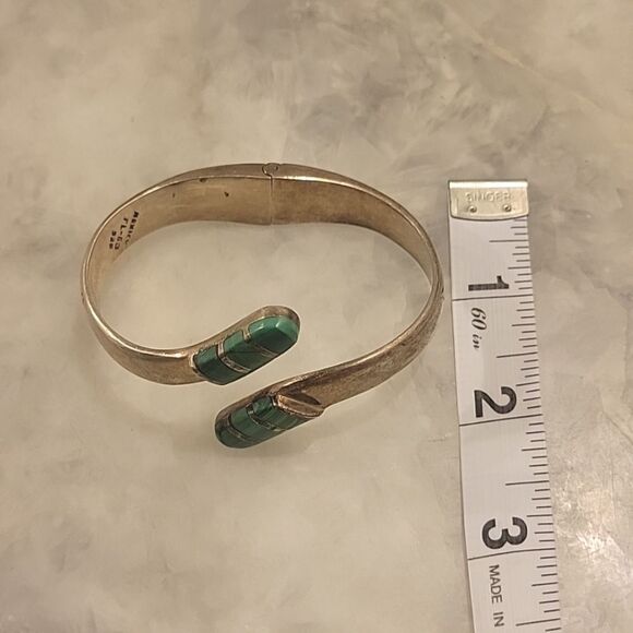 Signed Vintage Mexico Taxco Malachite 925 Sterling Silver Bangle Bracelet Cuff - Picture 11 of 12